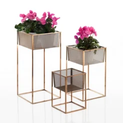 Net gold set 3 portavasi in acciaio finitura oro rosa 28x28xh60 25x25x45h 20x20xh30 cm