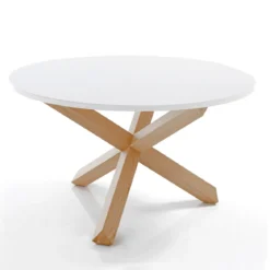 New Frisia Tavolo Rotondo verniciato top Bianco semilucido e legno massello finitura rovere sbiancato diametro 120 cm