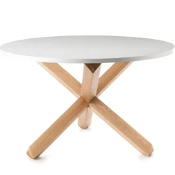 New Frisia Tavolo Rotondo verniciato top Bianco semilucido e legno massello finitura rovere sbiancato diametro 120 cm