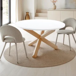 New Frisia Tavolo Rotondo verniciato top Bianco semilucido e legno massello finitura rovere sbiancato diametro 120 cm