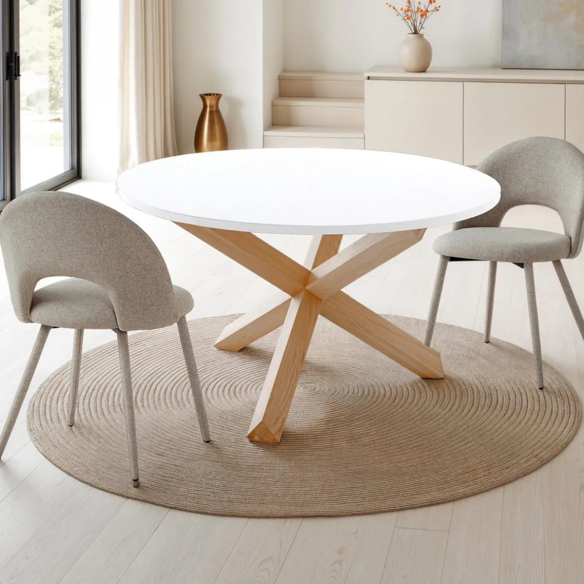 New Frisia Tavolo Rotondo verniciato top Bianco semilucido e legno massello finitura rovere sbiancato diametro 120 cm