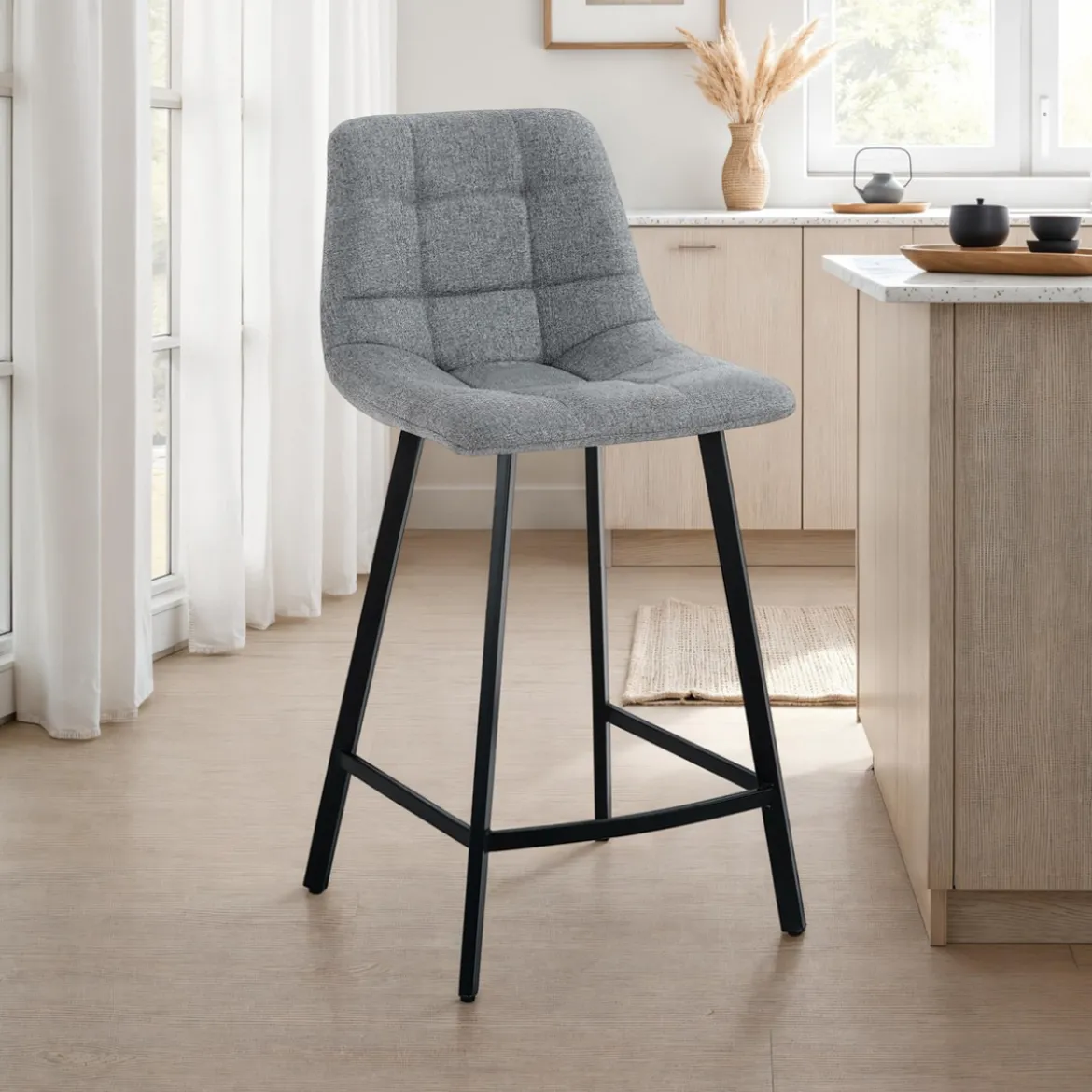 New Tania Home sgabello imbottito tessuto grigio gambe acciaio nero opaco h90 seduta h65 l43 p48