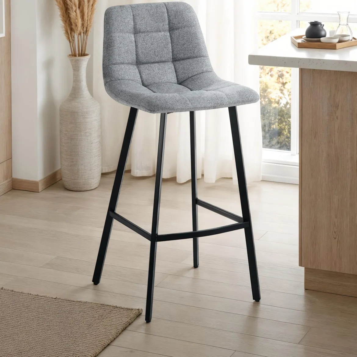 New Tania sgabello imbottito tessuto grigio gambe acciaio nero opaco h100 seduta h75 l43 p48
