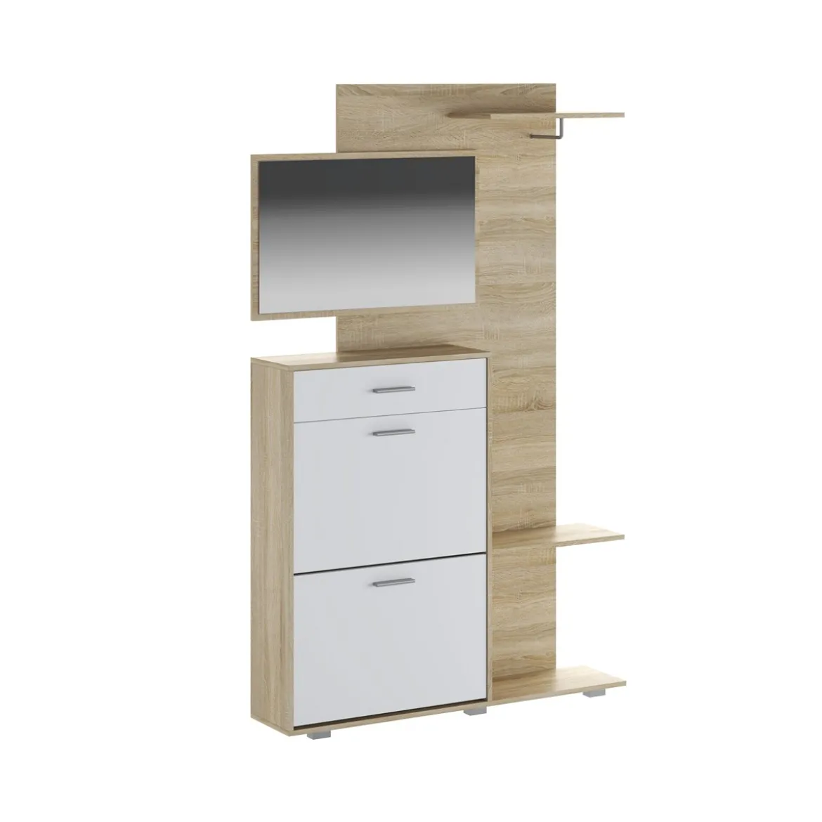 Next Ingresso Scarpiera 2 ante ribalta 1 cassetto Rovere Bianco Opaco con Specchio Appendiabiti, h192,2 x 120 x 24,8 cm