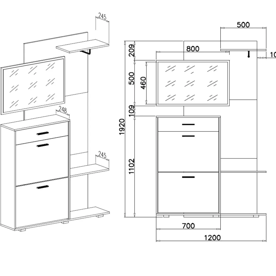 Next Ingresso Scarpiera 2 ante ribalta 1 cassetto Rovere Bianco Opaco con Specchio Appendiabiti, h192,2 x 120 x 24,8 cm