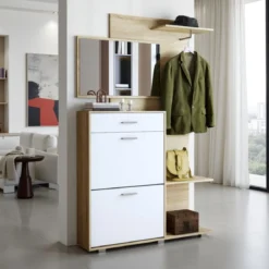 Next Ingresso Scarpiera 2 ante ribalta 1 cassetto Rovere Bianco Opaco con Specchio Appendiabiti, h192,2 x 120 x 24,8 cm