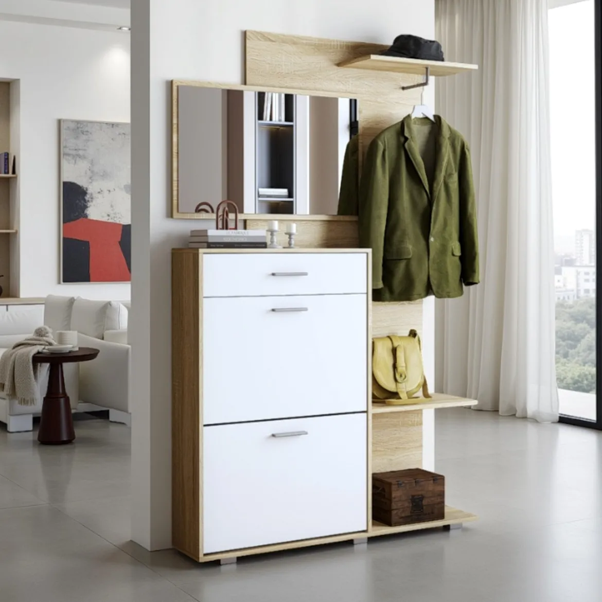 Next Ingresso Scarpiera 2 ante ribalta 1 cassetto Rovere Bianco Opaco con Specchio Appendiabiti, h192,2 x 120 x 24,8 cm