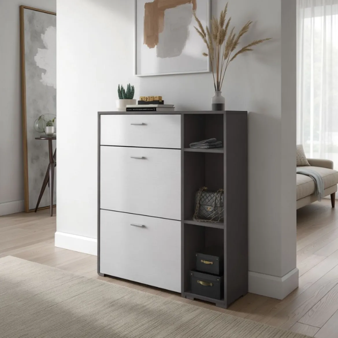 Niki evo graphite scarpiera struttura finitura grigio graphite opaco ante finitura larice bianco a poro aperto h1015 l90 p26
