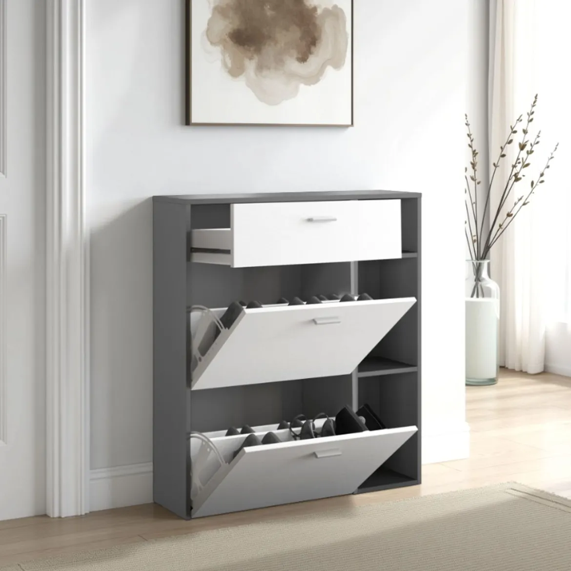 Niki evo graphite scarpiera struttura finitura grigio graphite opaco ante finitura larice bianco a poro aperto h1015 l90 p26