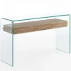Noa Consolle vetro curvato trasparente ripiano con cassetto rovere h76 l125 p40