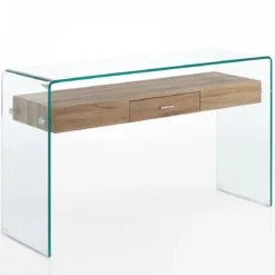 Noa Consolle vetro curvato trasparente ripiano con cassetto rovere h76 l125 p40