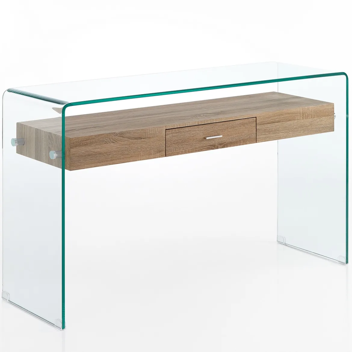 Noa Consolle vetro curvato trasparente ripiano con cassetto rovere h76 l125 p40