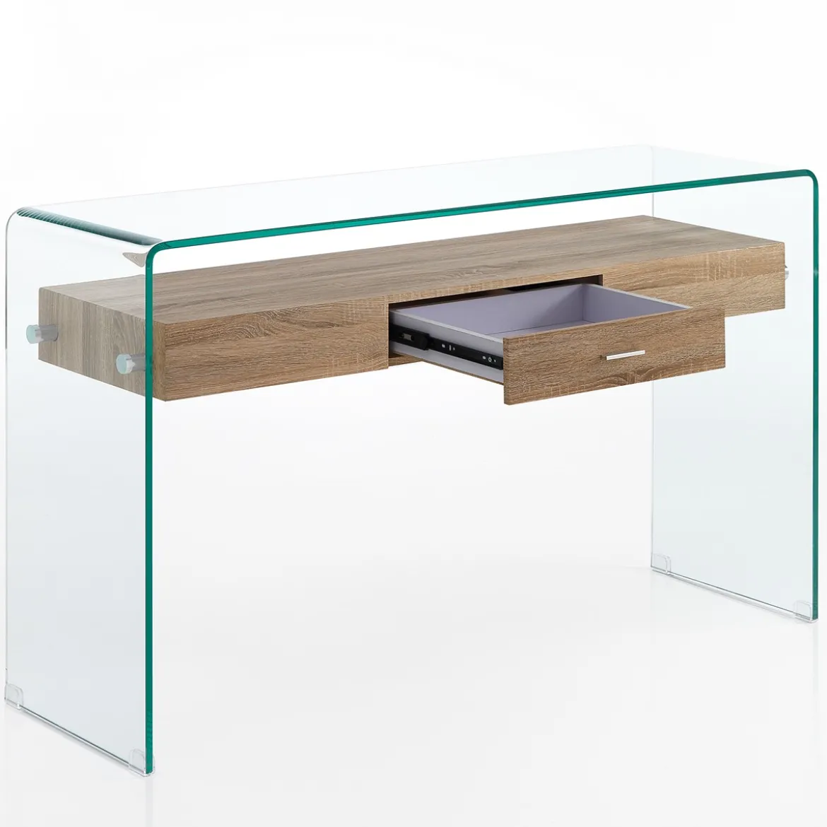 Noa Consolle vetro curvato trasparente ripiano con cassetto rovere h76 l125 p40