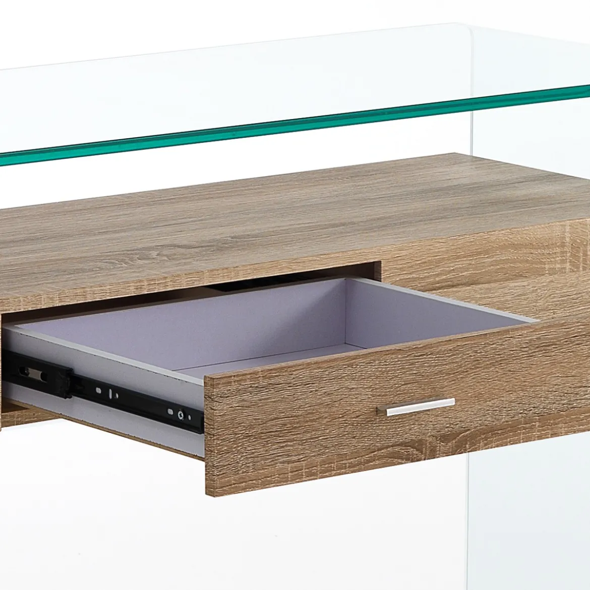 Noa Consolle vetro curvato trasparente ripiano con cassetto rovere h76 l125 p40