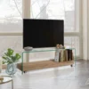 Noa Porta TV vetro curvato trasparente ripiano rovere con ruote h45 l130 p40