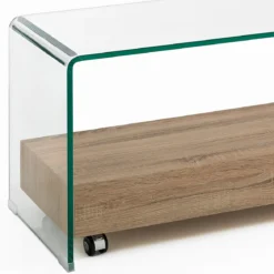 Noa Porta TV vetro curvato trasparente ripiano rovere con ruote h45 l130 p40