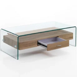 Noa Tavolino vetro curvato trasparente ripiano con cassetto rovere h35 l110 p55