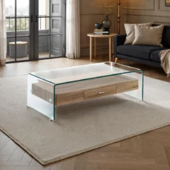 Noa Tavolino vetro curvato trasparente ripiano con cassetto rovere h35 l110 p55