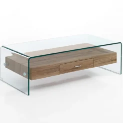 Noa Tavolino vetro curvato trasparente ripiano con cassetto rovere h35 l110 p55