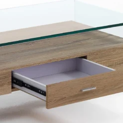 Noa Tavolino vetro curvato trasparente ripiano con cassetto rovere h35 l110 p55
