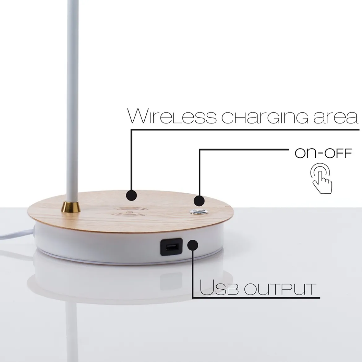 Nunzio lampada da tavolo in acciaio di bianco opaco accensione touch con presa usb e ricarica wireless 37x21 h60 cm