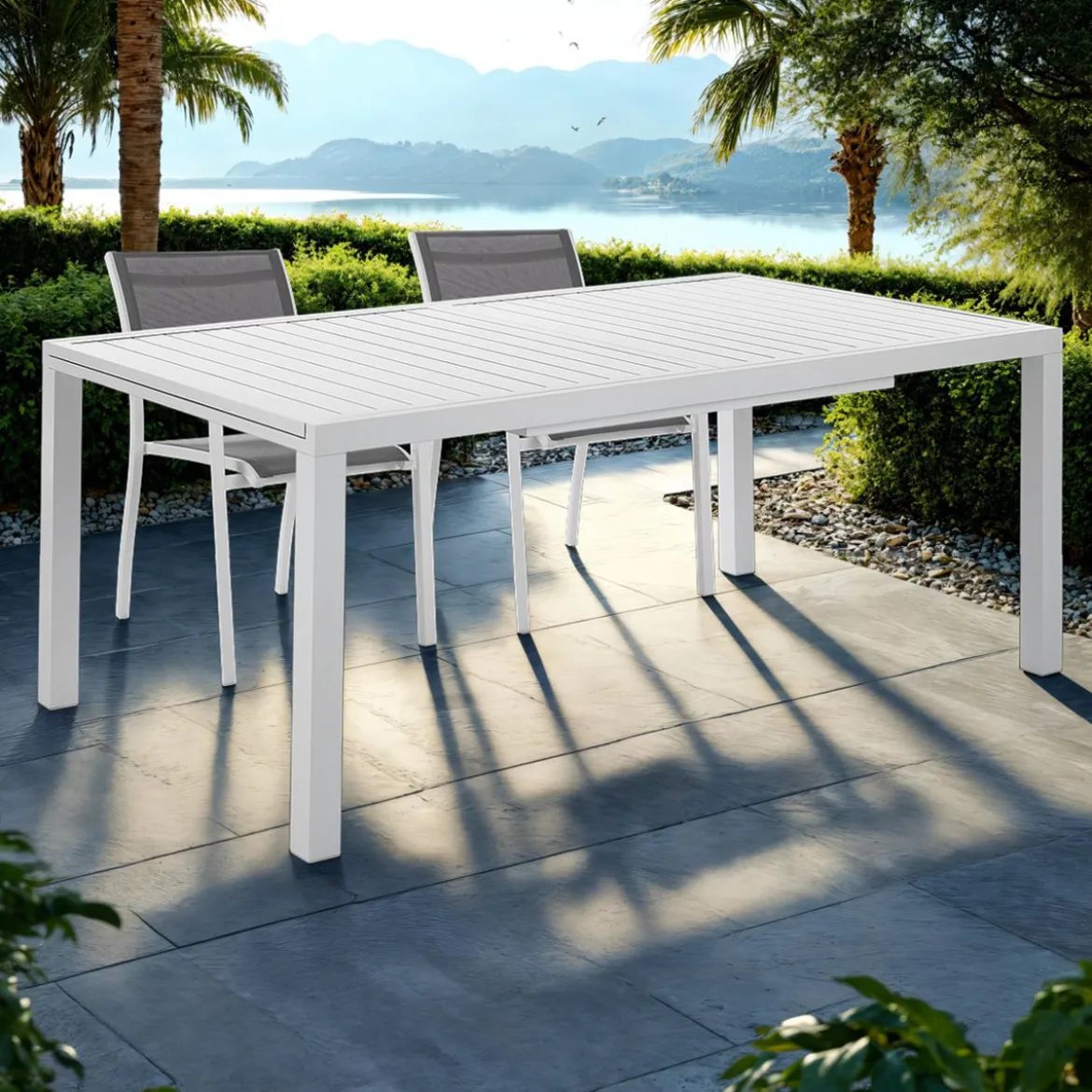 Nydri white-b tavolo int.est. in alluminio bianco opaco piano a doghe 177-266x100xh75 cm