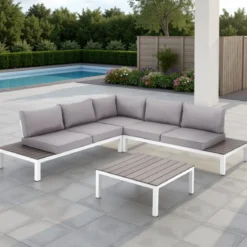 Nydri white salotto interno e esterno in alluminio bianco opaco cuscini di grigio chiaro 247x247xh76 cm