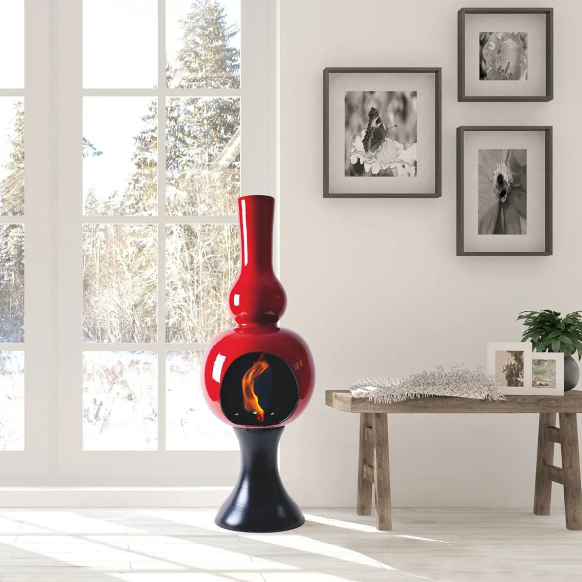 Onda red camino a bioetanolo in ceramica realizzato a mano non necessita di canna fumaria cm. h95 d30 made in italy