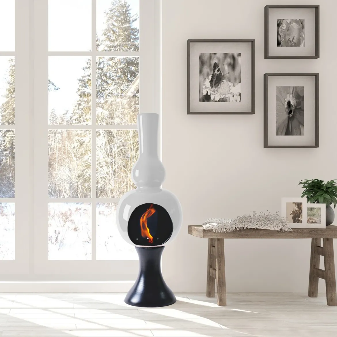 Onda white camino a bioetanolo in ceramica realizzato a mano non necessita di canna fumaria cm. h95 d30 made in italy