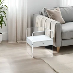 Panolia tavolino / comodino in acrilico trasparente con cassetto laccato bianco opaco 40x33 h45 cm