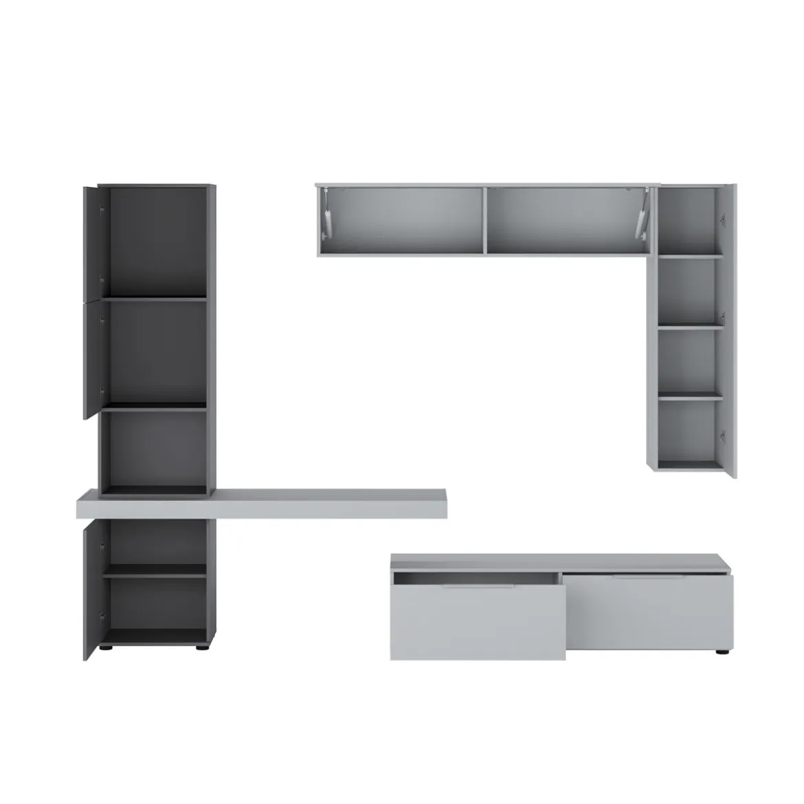Parete soggiorno AXANDRA GRAPHITE finitura Grigio Graphite opaco Larice Grigio a poro aperto H207 L280 P496