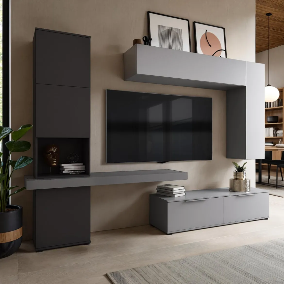 Parete soggiorno AXANDRA GRAPHITE finitura Grigio Graphite opaco Larice Grigio a poro aperto H207 L280 P496