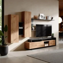 Parete soggiorno KELY Anthracite finitura Rovere dorato Antracite H172 L260 P44