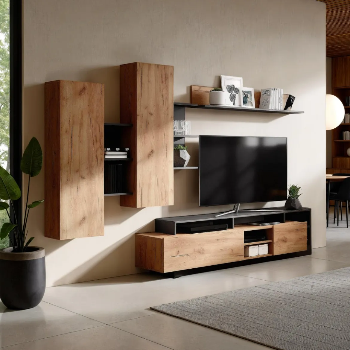 Parete soggiorno KELY Anthracite finitura Rovere dorato Antracite H172 L260 P44