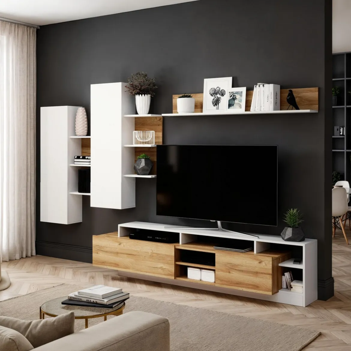 Parete soggiorno KELY WHITE finitura Rovere Crudo Bianco opaco H172 L260 P44