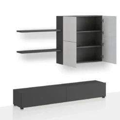 Parete soggiorno TONYA GRAPHITE LARICE finitura Grigio graphite opaco e Larice Bianco a poro aperto H194 L200 P395