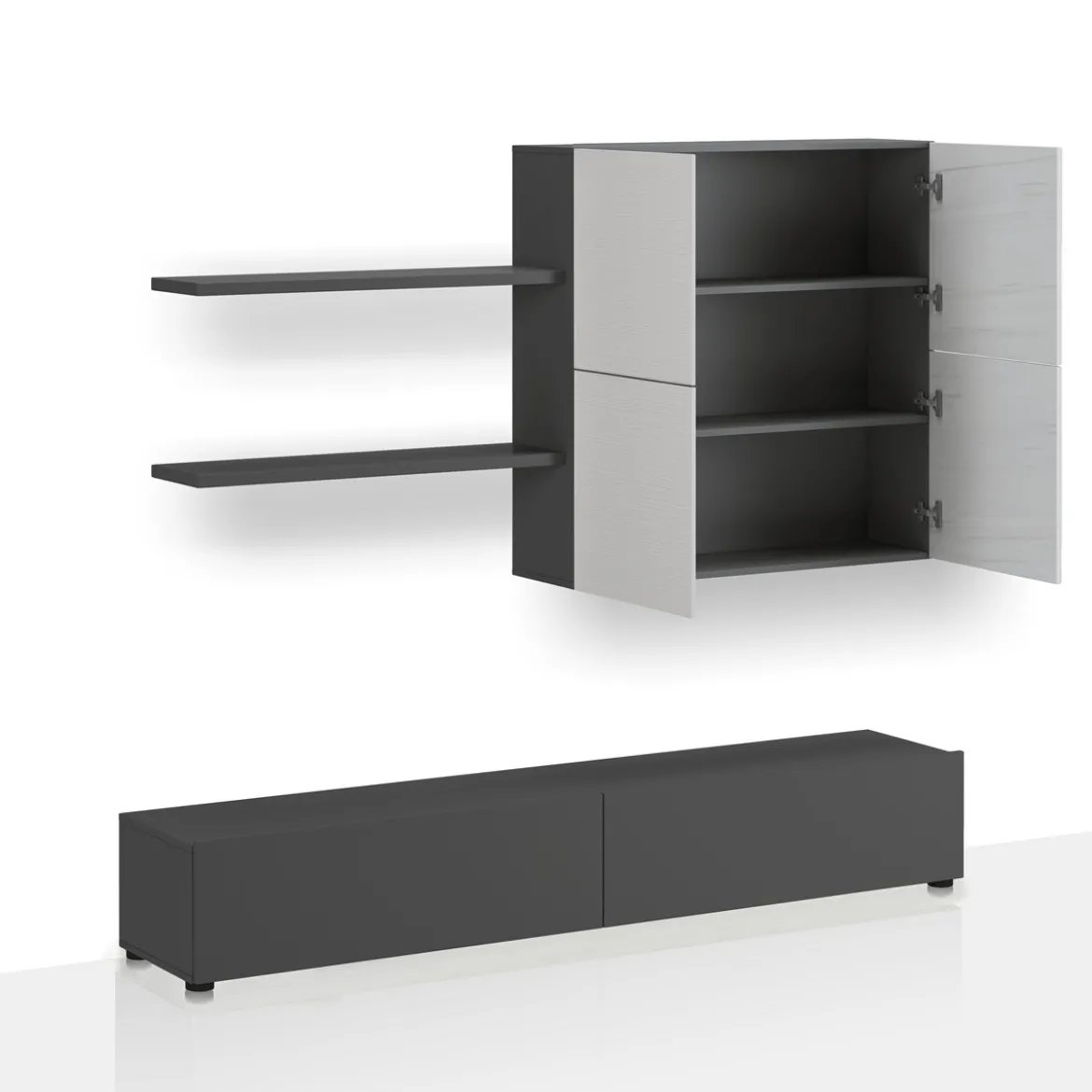 Parete soggiorno TONYA GRAPHITE LARICE finitura Grigio graphite opaco e Larice Bianco a poro aperto H194 L200 P395