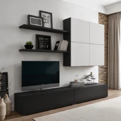 Parete soggiorno TONYA GRAPHITE LARICE finitura Grigio graphite opaco e Larice Bianco a poro aperto H194 L200 P395