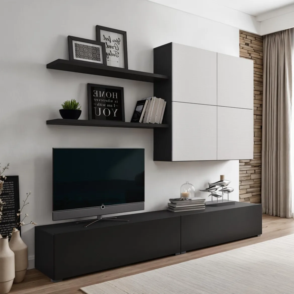 Parete soggiorno TONYA GRAPHITE LARICE finitura Grigio graphite opaco e Larice Bianco a poro aperto H194 L200 P395