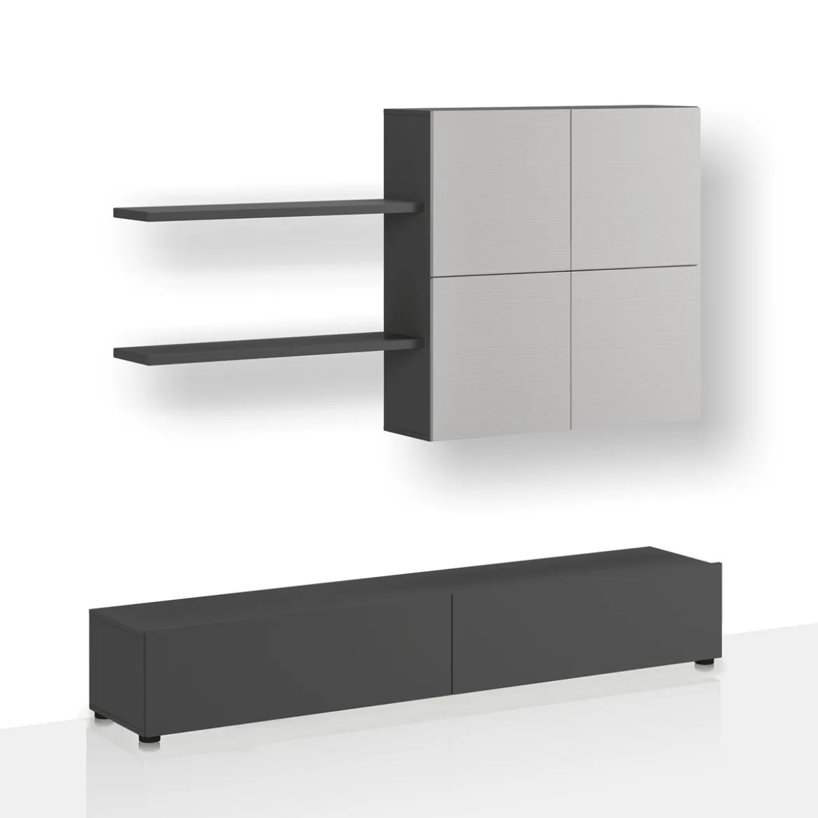 Parete soggiorno TONYA GRAPHITE LARICE finitura Grigio graphite opaco e Larice Bianco a poro aperto H194 L200 P395
