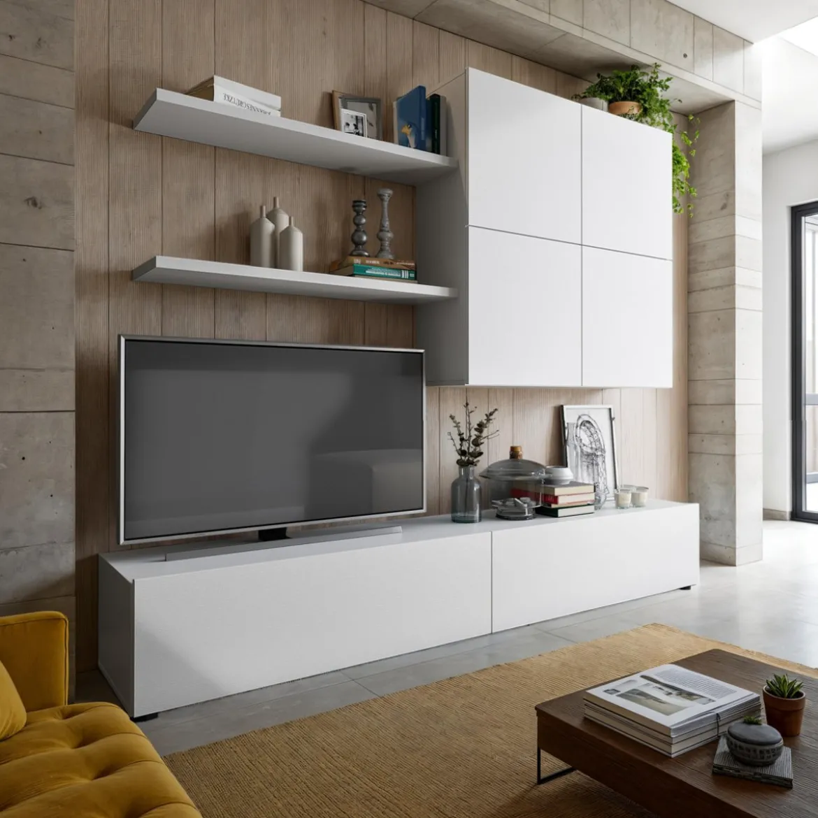 Parete soggiorno TONYA TOTAL WHITE finitura Larice Bianco a poro aperto cm H194 L200 P395