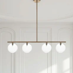 Party evo clear lampadario acciaio verniciato ottone anticato opaco sfere in vetro trasparente cm l95 p155 h90