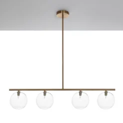 Party evo clear lampadario acciaio verniciato ottone anticato opaco sfere in vetro trasparente cm l95 p155 h90