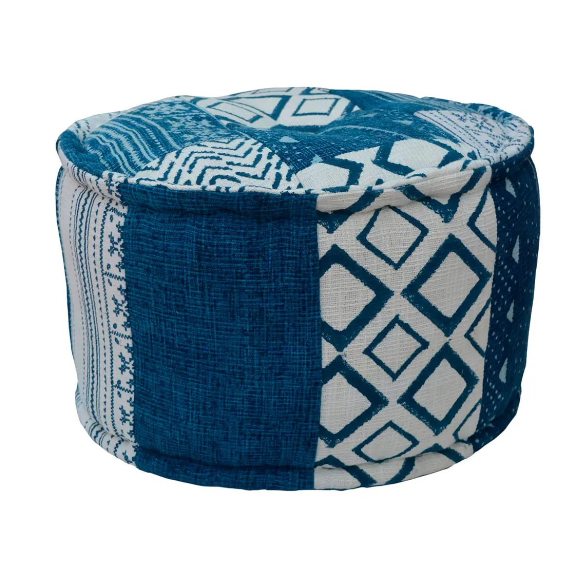 Patty white / blue pouf rotondo kamar 50 in cotone patchwork bianco e blu d50xh30 cm