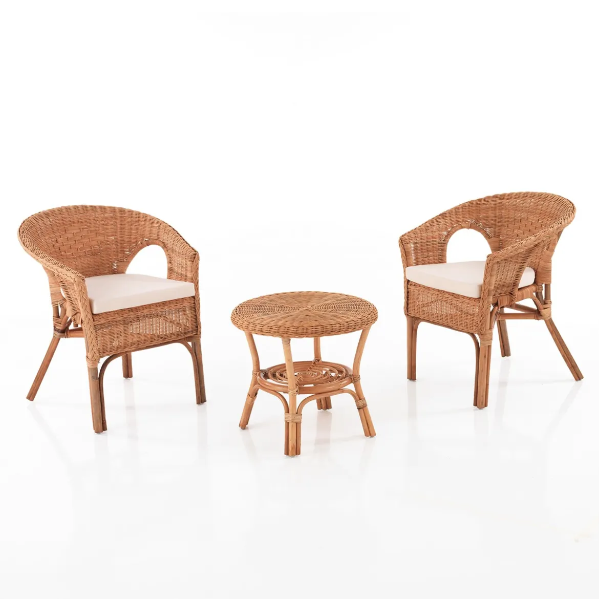 Pienza set living da interno/esterno portonovo in rattan colore naturale 2 poltrone con cuscini in cotone e tavolino