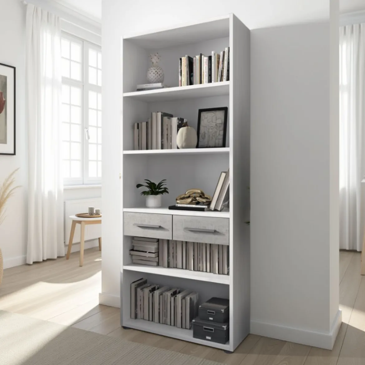 Pier big libreria alta finitura larice bianco e frontali cemento 80x35.5xh201 cm