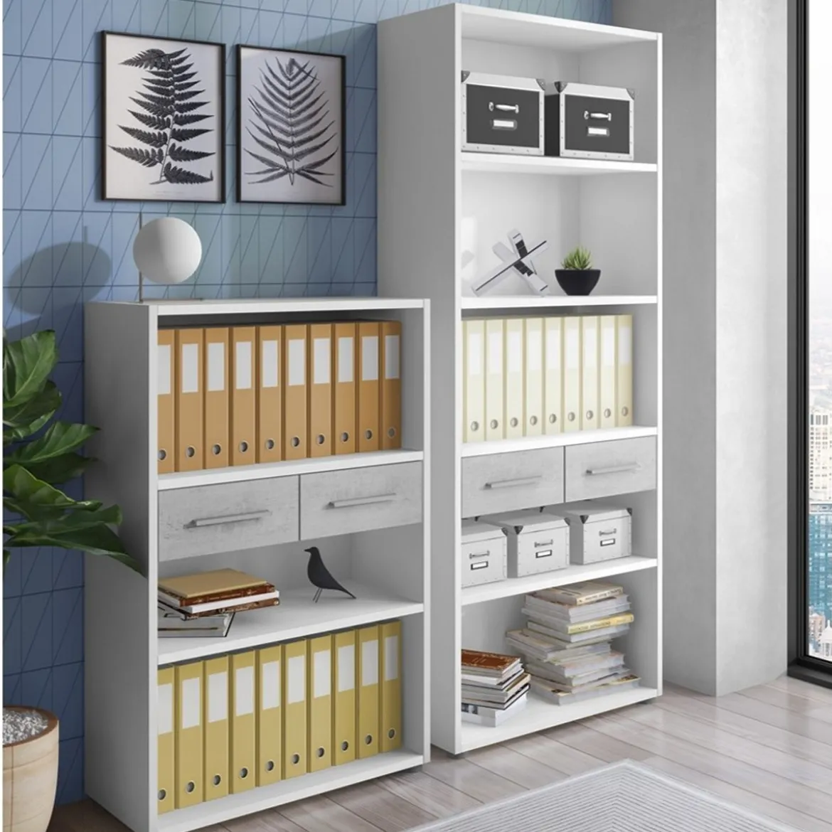 Pier big libreria alta finitura larice bianco e frontali cemento 80x35.5xh201 cm