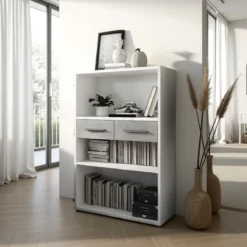 Pier small libreria bassa finitura larice bianco e frontali cemento 80x35.5xh123 cm