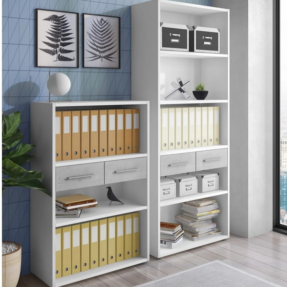Pier small libreria bassa finitura larice bianco e frontali cemento 80x35.5xh123 cm