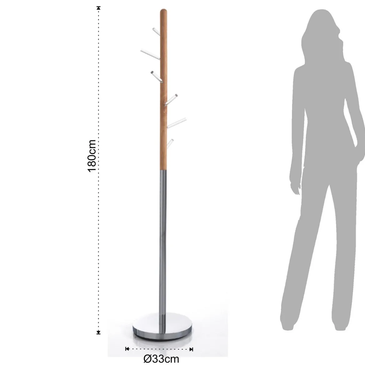 Pin appendiabiti in acciaio cromato legno massello rovere e acrilico trasparente h180xd33 cm